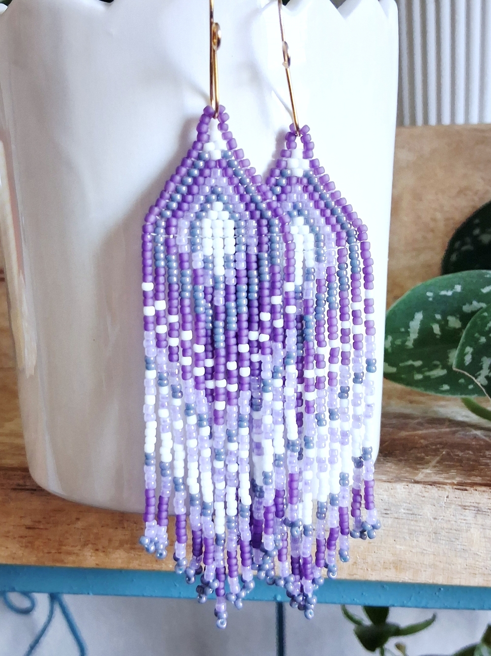 Handmade Purple and White Beaded Fringe Earrings, 5"